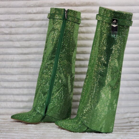 Super Sparkle Sharky Green Rhinestone Skirted Fold Over Wedge Heel Knee Boots - Picture 12 of 14